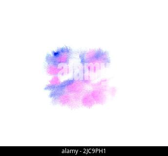 Aquarell-Blot auf weißem, isoliertem Hintergrund. Design für Banner, Karten, Einladungen. Ein Farbfleck mit violetten und blauen Aquarellflecken. Stockfoto