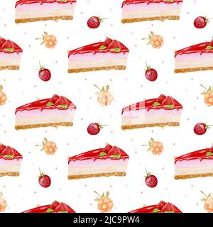 Aquarell Kuchen Erdbeere Muster. Nahtloses Aquarell-Muster. Muster mit gelben Himbeeren, Erdbeeren und einem Stück Gelee-Kuchen. Für Menü. Stockfoto