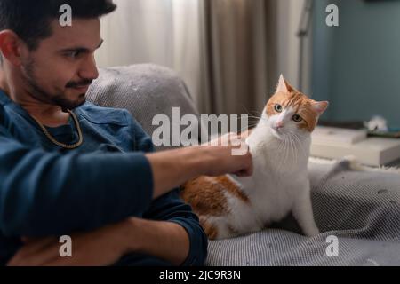 Der junge Mann spielt auf einem Sofa mit einer braunen und weißen Katze Stockfoto