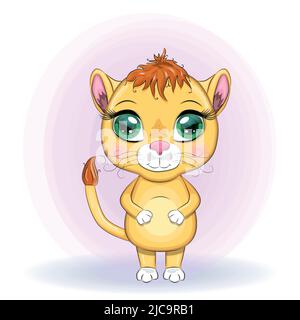 Cartoon-Löwin mit ausdrucksstarken Augen. Wilde Tiere, Charakter, kindisch niedlichen Stil Stock Vektor