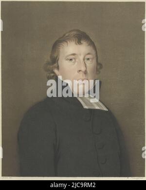 Büste von Jacob Wijs, reformierter Minister in Den Haag, rechts unten im Rand ein zweizeiliger Text in Niederländisch, Portrait of Jacob Wijs i Wijs IC Son , Druckerei: Walraad Nieuwhoff, (auf Objekt erwähnt), Zeichner: Johannes Hari (I), (auf Objekt erwähnt), Herausgeber: D.A.M. Sluyter, (erwähnt auf Objekt), Den Haag, 1825, Papier, Radierung, Gravur, H 339 mm × B 287 mm Stockfoto