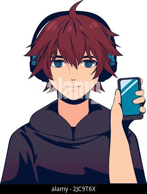 Anime Junge mit Handy Stock Vektor