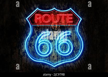 Route 66 Neonschild an einer dunklen Holzmauer Stockfoto