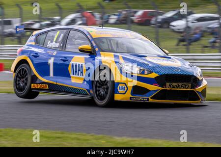 11.. Juni 2022; Oulton Park, Little Budworth, Kephire, England; Kwik Fit British Touring Car Championship, Oulton Park: Ashley Sutton in seinem NAPA Racing UK Ford Focus ST während des Trainings Stockfoto