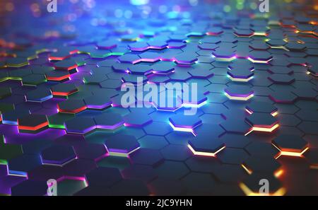 Ein Hexagonen-Feld in einer futuristischen Illustration von 3D. Helle Farbe und Neonlicht der beheizten Kanten der Sechsecke Stockfoto