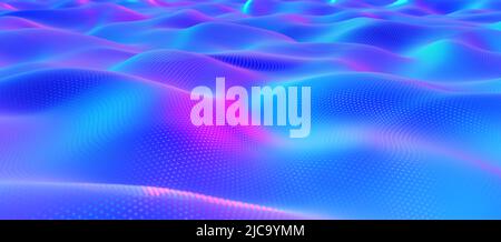 Abbildung Welle 3D, Farbfluss, Feldüberläufe, Punkte im Raum. Gebogene Oberfläche, Neon, violetter Vollfarbbildschirm Stockfoto