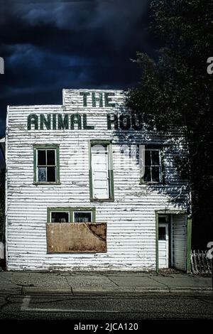 Verlassene Animal Hospital in einer kleinen amerikanischen Stadt in der Abenddämmerung mit dunklem Himmel und Fenstern, die vertünert sind und seltsamen Tür im zweiten Stock, die nirgendwo hinführt Stockfoto