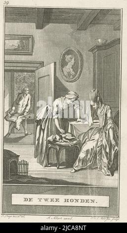 Der gut verstorbene Hund wird aus der Eingangstür geworfen der geliebte wild verstorbene Hund wird von zwei Frauen im Haus betrauert, zwei Hunde die beiden Hunde, Druckerei: Noach van der Meer (II), (auf Objekt erwähnt), Zeichner: Jacobus Buys, (auf Objekt erwähnt), Herausgeber: Johannes Allart, (erwähnt auf Objekt), Amsterdam, 1777, Papier, Radierung, H 248 mm × B 156 mm Stockfoto
