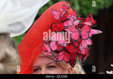 Elmont, Usa. 11.. Juni 2022. Ein Rennfan mit einem Schmetterlingshut vor dem 154.. Lauf der Belmont Stakes in Elmont, New York, am Samstag, dem 11. Juni 2022. Foto von Mark Abraham/UPI Credit: UPI/Alamy Live News Stockfoto