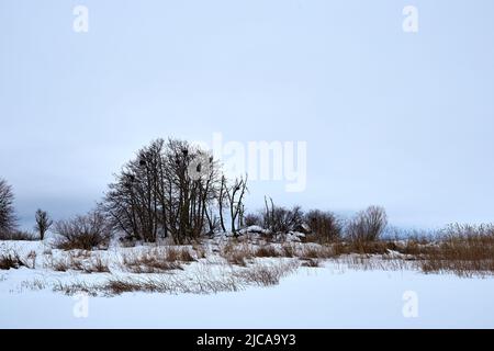 Gefrorener Wintersee in Estland mit Schnee- und Eisfischen Stockfoto