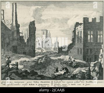 Darstellung der Ruinen hinter dem Rathaus zu St. John's in Brüssel nach dem Bombardement durch die Franzosen, 13-15. August 1695 der Druck ist Teil einer Serie von zwölf Darstellungen aus der Serie von Coppens und Orley unter dem Bild sind zweizeilige lateinische und niederländische Bildunterschriften, Ruins in Brussels, 1695 Gesicht der ruinen achter het Stadshuys, opwaars gaande naar de kerk van S Jan , Druckerei: Pieter Schenk (I), Augustin Coppens, intermediär Zeichner: Augustin Coppens, Amsterdam, 1695, Papier, Radierung, H 200 mm × B 232 mm Stockfoto