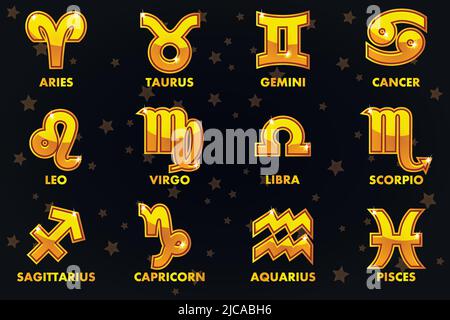 Set Vector Gold Astrology Zeichen auf schwarzem Hintergrund, 12 Tierkreis Stock Vektor