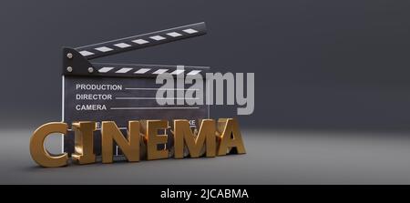 KINO- und Filmklapper. Filmproduktion, Videoproduktion. Filmszenen-Klappbrett und goldener Text auf grauem Hintergrund, Banner, Kopierraum. 3D Rendern Stockfoto