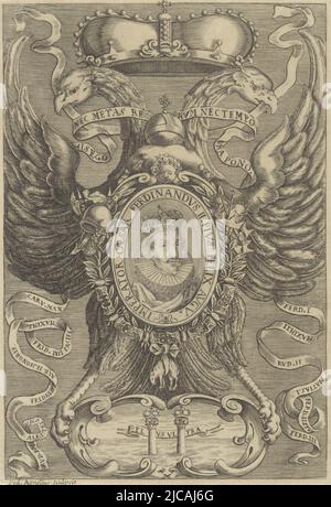 Porträt des deutschen Kaiser Ferdinand II. In einem Oval mit Randbeschriftung in einem separat gravierten Rahmen, bestehend aus einem gekrönten doppelköpfigen Adler mit Kaiserappel, Die Kette des Ordens vom Goldenen Vlies und ein Band mit Inschrift unter einer Kartusche mit dem Motto "plus ultra" zwischen den beiden Säulen des Herkules, Porträt Ferdinands II., Druckerei: Federico Agnelli, (auf Objekt erwähnt), Italien, 1636 - 1702, Papier, Gravur, H 225 mm × B 155 mm Stockfoto