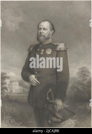 Porträt von Wilhelm III. In der linken Hand sein Hut im Hintergrund Het Loo Palace in Apeldoorn im unteren Rand sein Name und Titel, Porträt von Willem III., König der Niederlande, Druckerei: Johann Wilhelm Kaiser (I), (auf Objekt erwähnt), Johan Heinrich Neuman, (auf Objekt erwähnt), Nicolaas Pieneman, (Auf Objekt genannt), Druckerei: Niederlande, Drucker: Niederlande, Verlag: Amsterdam, 1849 - 1900, Papier, Gravur, Radierung, H 619 mm × B 466 mm Stockfoto