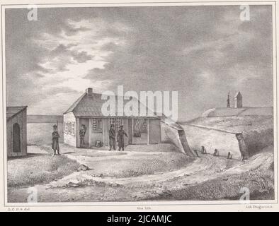 Ansicht des Wachhauses der Freiwilligen-Miliz am Boschpoort in Bergen op Zoom Teil einer Serie von fünf Darstellungen der Wachthuis 1830 aan de Boschpoort te Bergen op Zoom, der Wachthuis aan de Boschpoort te Bergen op Zoom, 1831 1830-1831 Wachthuis aan de Boschpoort te Bergen op Zoom fünf Wachhäuser der niederländischen Miliz in Nordbrabant im Jahr 1830-1831, Druckerei: Joannes Willem Vos, (auf Objekt erwähnt), Zeichner: Louis Charles Hora Siccama, (auf Objekt erwähnt), Drucker: Desguerrois & Co., (auf Objekt erwähnt), Druckerei: Niederlande, Vermittler Stockfoto