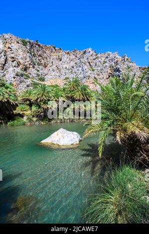 Preveli Beach - berühmt für den schönen Fluss mit azurblauem Wasser und tropischem Palmenwald hinter dem Strand - auf der südlichen Insel Kreta, Griechenland, E Stockfoto