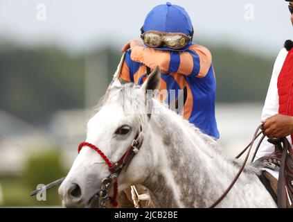 Elmont, Usa. 11.. Juni 2022. Jockey Irad Ortiz, Jr. befreit Mo Donegal reagiert, nachdem er am Samstag, den 11. Juni 2022, in Elmont, New York, die Belmont-Beteiligung von 154. gewonnen hat. Foto von John Angelillo/UPI Credit: UPI/Alamy Live News Stockfoto