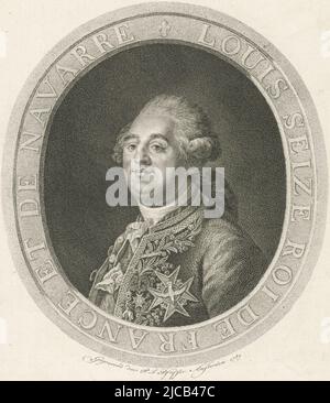 Porträt von Ludwig XVI., König von Frankreich, Druckerei: François Joseph Pfeiffer (I), (auf Objekt erwähnt), Amsterdam, 1789, Papier, Ätzung, H 310 mm × B 234 mm Stockfoto