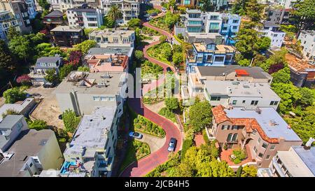 Luftaufnahme der Lombard Street in der Innenstadt von San Francisco Stockfoto