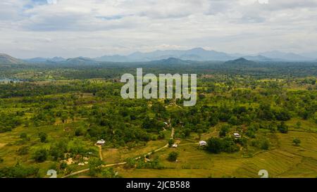 Rustikale Landschaft mit landwirtschaftlichen Flächen und Bauernhöfen zwischen Bergen und Wäldern. Sri Lanka. Stockfoto
