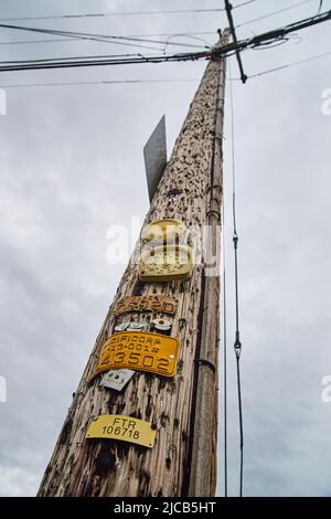Starker Telefonmast an bewölktem Tag in Kalifornien Stockfoto