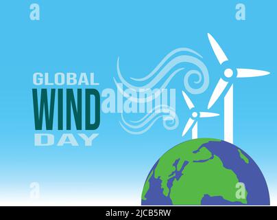 Global Wind Day Poster, Erde und Windturbinen mit blauem Himmel Vektor-Illustration Stock Vektor