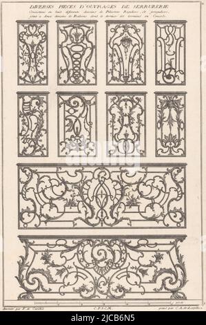 Verziertes Schmiedeeisen, acht Pilaster und zwei Balkongeländer, Pilaster und Balkongeländer Diverses Stücke D'Ouvrages de Serrurerie Schmiedeeisen 8 H Nouveau livre de Serrurerie , Druckerei: Carl Albert von Lespilliez, (auf Objekt erwähnt), François de Cuvilliés (Sr.), (auf Objekt erwähnt), Keizerlijk hof, (auf Objekt erwähnt), Deutschland, 1745, Papier, Radierung, Gravur, H 368 mm × B 243 mm Stockfoto