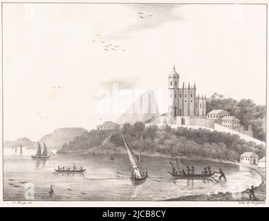 Blick auf eine Bucht mit der Gloria-Kirche in Rio de Janeiro Vue de l'Eglise de la Gloria, ein Rio-Janeiro-Landschaften und Menschen auf einer Reise um die Welt gesehen Promenade autour du monde , Druckerei: Jacques Etienne Victor Arago, (auf Objekt erwähnt), Drucker: Pierre Langlumé, (erwähnt auf Objekt), Paris, 1822, Papier, H 270 mm - B 362 mm Stockfoto