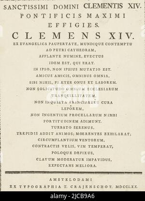 Textblatt zum Porträt von Papst Clemens XIV. Mit lateinischer Inschrift, Textblatt zum Porträt von Papst Clemens XIV Sanctissimi Domini Clementis XIV, Verlag: Theodorus Crajenschot, (auf Objekt erwähnt), Amsterdam, 1770, Papier, Buchdruck, H 214 mm × B 168 mm Stockfoto