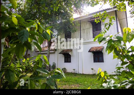 Langkawi, Malaysia - 7. Juni 2022: Traditionelles malaiisches Holzhaus zwischen tropischer Vegetation. Typisches malaysisches Stelzenhaus. Die Holzarchitektur kühlt Stockfoto