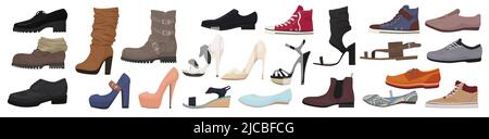 Lässige verschiedene Schuhe Set für Walking Männer und Frauen Vektor-Illustration. Cartoon Schuhkollektion mit Stiefeln, Slipper, Canvas Sneakers mit Schnürsenkeln isoliert auf Weiß. Accessoires, Modekonzept Stock Vektor