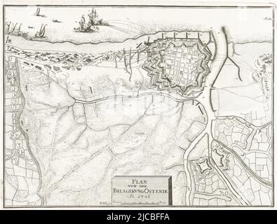 Karte der Belagerung von Ostende durch die Alliierten unter dem Herrn von Ouwerkerk, die Stadt wurde am 6. Juli 1706 erobert Details in der Darstellung mit Zahlen und Buchstaben markiert, aber eine Legende fehlt, Belagerung von Ostende, 1706 Plan von der Belagerung Ostende Ao 1706 , Druckerei: Peter Fehr, (erwähnt auf Objekt), Deutschland, 1706, Papier, Ätzung, H 307 mm × B 405 mm Stockfoto