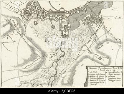 Karte der Belagerung von Mons Mons durch die Alliierten vom 25. September und aufgenommen am 23. Oktober 1709 unten rechts Legende A-I auf Französisch, Belagerung von Mons, 1709 Dessein des Attaques de la Ville de Mons 1709 , Druckerei: Anonymous, France, (possibly), 1709, Papier, Radierung, Gravur, H 199 mm × B 275 mm Stockfoto