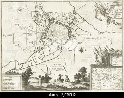 Karte der Belagerungsanlage von Mons Mons durch die Alliierten, vom 25. September und aufgenommen am 23. Oktober 1709 im Vordergrund mehrere Reiter in einer Landschaft unten rechts ein Einlage mit einer Karte der größeren Fläche unten links Legende A-H auf Französisch, Belagerungsanlage von Mons, 1709 Grund-Riss U[nd] Belagerung der Festung Mons in Hennegau , Druckerei: Anonym, 1709, Papier, Radierung, H 289 mm × B 387 mm Stockfoto