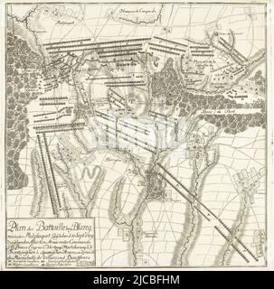 Karte der Schlacht von Malplaquet, wo die Franzosen von den Alliierten unter Prinz Eugenius von Savoyen und dem Herzog von Marlborough besiegt wurden, 11. September 1709, Schlacht von Malplaquet, 1709 Plan der Battaille bey Blaregnies oder Malplaquet, Geschehen d 11. September: 1709 zwischen der Aliirten Arm, Druckerei: Anonym, Deutschland, 1709, Papier, Ätzung, H 322 mm × B 320 mm Stockfoto