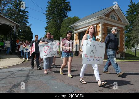 Bloomsburg, Usa. 11.. Juni 2022. Demonstranten halten Plakate und weiße Nelken während einer Kundgebung auf dem Friedhof von Rosemont für unser Leben. Die Kundgebung war eine von Hunderten, die in den Vereinigten Staaten nach mehreren Massenerschießungen der letzten Zeit abgehalten wurden. Kredit: SOPA Images Limited/Alamy Live Nachrichten Stockfoto