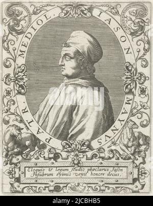 Porträt des italienischen Juristen Giasone del Maino, oval mit Randschrift unterhalb des Portraits Lobgedicht, Porträt von Giasone del Maino Iason Maynus, Druckerei: Theodor de Bry, Druckerei: Johann Theodor de Bry, Jean Jacques Boissard, (möglicherweise), Frankfurt am Main, c. 1597 - c. 1599 und/oder 1669, Papier, Gravur, H 140 mm × B 100 mm Stockfoto