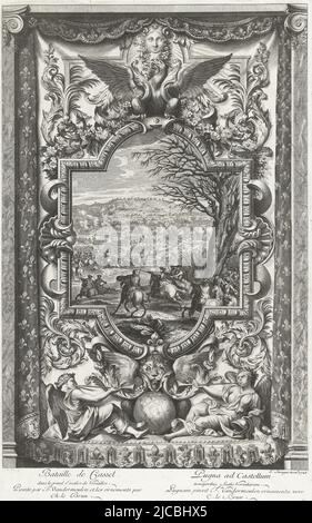 Gemälde der Schlacht von Kassel 1677 im großen Treppenhaus des Schlosses von Versailles Darstellung der Schlacht in einem ornamentalen Rahmen mit Figuren des Ruhmes, Adlers und Ranken in der Schlacht von Kassel am 11. April 1677, Die französische Armee unter Philipp I., dem Herzog von Orleans, besiegte die Armee der Republik unter dem Fürsten von Oranien unten rechts: 21, Schlacht von Kassel 1677, Gemälde im großen Treppenhaus von Versailles Bataille de Cassel, dans le Grand Escalier de Versailles Pugna ad Castellum, in majoribus Scalis Versaliarum, Druckerei: Louis Surugue, (auf Objekt erwähnt Stockfoto