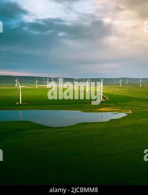 Windturbinenpark bei Sonnenuntergang mit dramatischem Himmel. Erzeugung alernativer Energie. Konzept für erneuerbare Energien. Stockfoto