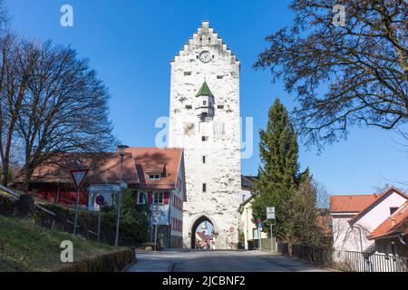 Ravensburg, Deutschland - 23. März 2022: Obertorturm - ein historisches Stadttor und Turm in der Stadt Ravensburg. Stockfoto