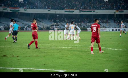 Kalkutta, Indien. 11.. Juni 2022. Verschiedene Momente des Spiels 4. des AFC Asian Cup 2023 Qualifiers Final Round Group D im Salt Lake Stadium (Vivekananda Yuba Bharati Krirangan) Kalkutta zwischen Indien und Afghanistan. Indien schlug Afghanistan mit einem Vorsprung von 2-1. Der Torschütze für Indien Sunil Chhetri (Kapitän) und Sahal Abdul Samad, während Zubayr Amiri für Afghanistan punktet. (Foto von Amlan Biswas/Pacific Press) Quelle: Pacific Press Media Production Corp./Alamy Live News Stockfoto