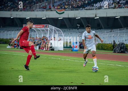 Kalkutta, Indien. 11.. Juni 2022. Verschiedene Momente des Spiels 4. des AFC Asian Cup 2023 Qualifiers Final Round Group D im Salt Lake Stadium (Vivekananda Yuba Bharati Krirangan) Kalkutta zwischen Indien und Afghanistan. Indien schlug Afghanistan mit einem Vorsprung von 2-1. Der Torschütze für Indien Sunil Chhetri (Kapitän) und Sahal Abdul Samad, während Zubayr Amiri für Afghanistan punktet. (Foto von Amlan Biswas/Pacific Press) Quelle: Pacific Press Media Production Corp./Alamy Live News Stockfoto