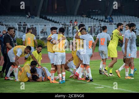 Kalkutta, Indien. 11.. Juni 2022. Verschiedene Momente des Spiels 4. des AFC Asian Cup 2023 Qualifiers Final Round Group D im Salt Lake Stadium (Vivekananda Yuba Bharati Krirangan) Kalkutta zwischen Indien und Afghanistan. Indien schlug Afghanistan mit einem Vorsprung von 2-1. Der Torschütze für Indien Sunil Chhetri (Kapitän) und Sahal Abdul Samad, während Zubayr Amiri für Afghanistan punktet. (Foto von Amlan Biswas/Pacific Press) Quelle: Pacific Press Media Production Corp./Alamy Live News Stockfoto