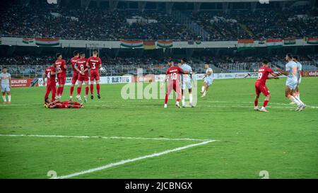 Kalkutta, Indien. 11.. Juni 2022. Verschiedene Momente des Spiels 4. des AFC Asian Cup 2023 Qualifiers Final Round Group D im Salt Lake Stadium (Vivekananda Yuba Bharati Krirangan) Kalkutta zwischen Indien und Afghanistan. Indien schlug Afghanistan mit einem Vorsprung von 2-1. Der Torschütze für Indien Sunil Chhetri (Kapitän) und Sahal Abdul Samad, während Zubayr Amiri für Afghanistan punktet. (Foto von Amlan Biswas/Pacific Press) Quelle: Pacific Press Media Production Corp./Alamy Live News Stockfoto