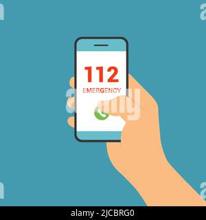 Flache Design-Abbildung der männlichen Hand halten Touchscreen-Handy. Drucktaster Rufnummer 112 Notruf - Vektor Stock Vektor