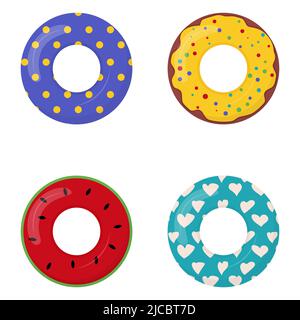 Sammlung von Schwimmringen aus Gummi mit Kuchen, Avocado, Ananas, Wassermelone und anderen Ornamenten auf sie malen. Lebensrettende schwimmende Rettungsboje für Be Stock Vektor