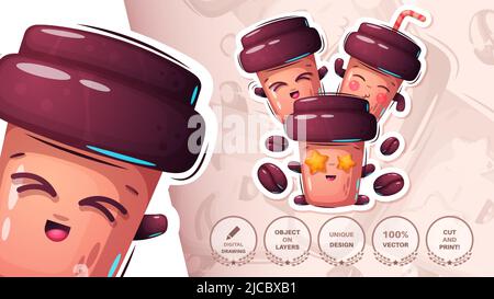 Drei Tassen Kaffee - niedlicher Aufkleber Stock Vektor