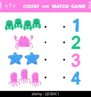 Zählspiel für Kinder im Vorschulalter. Educational ein mathematisches Spiel. Wie viele. Lernen Mathematik, Zahlen, Zusatz-Thema. Nette Meerestiere Stock Vektor