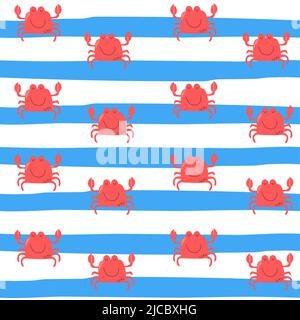 Trendige rote Ozeankrabbe mit blauen Streifen - nahtlose Muster Illustration Vektor. Design für Mode, Stoff, Tapete. Im Stil des Meeres Stock Vektor
